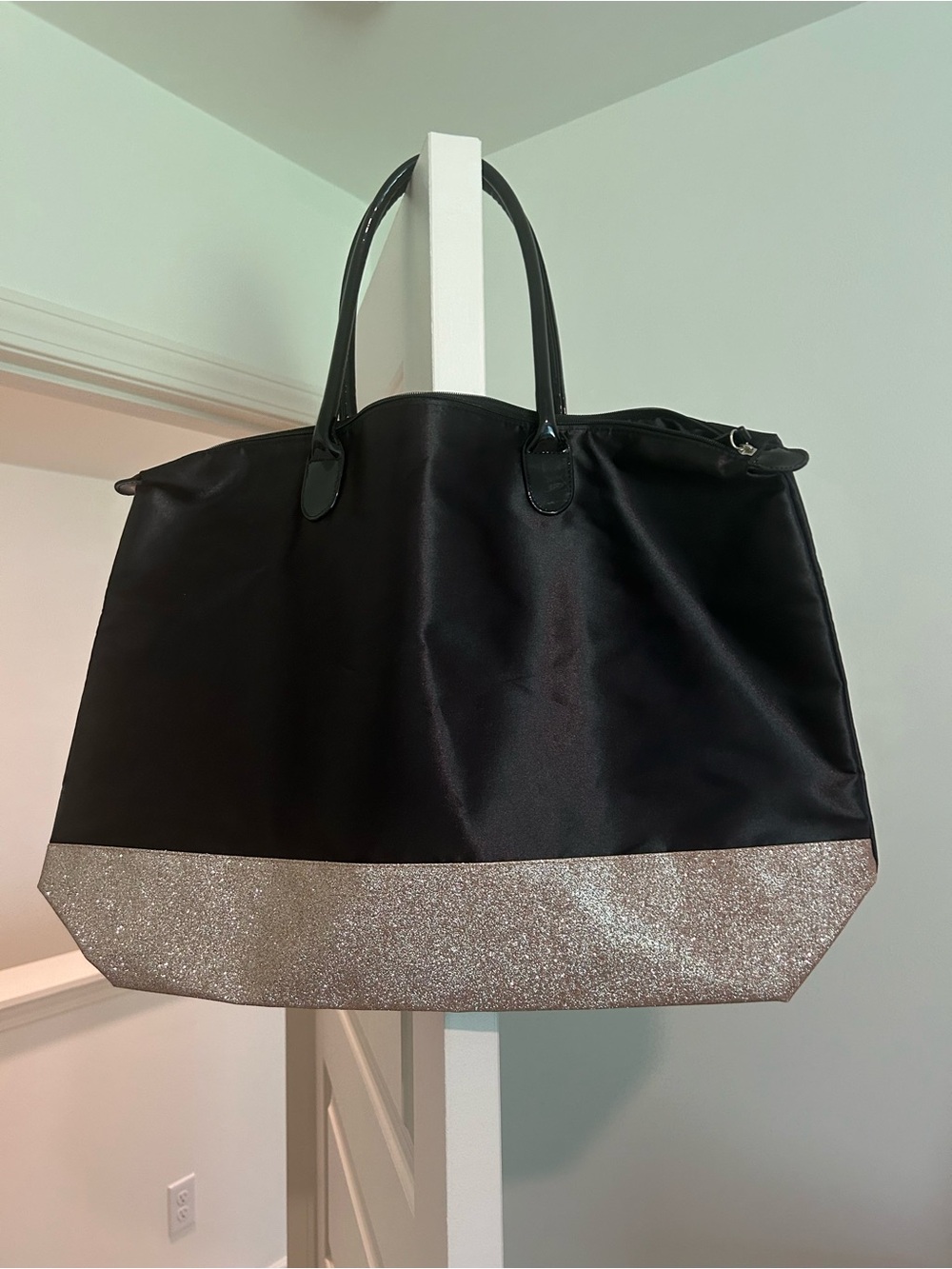 Black Tote Bag with Glitter Silver Base - Stylish Everyday Carry
